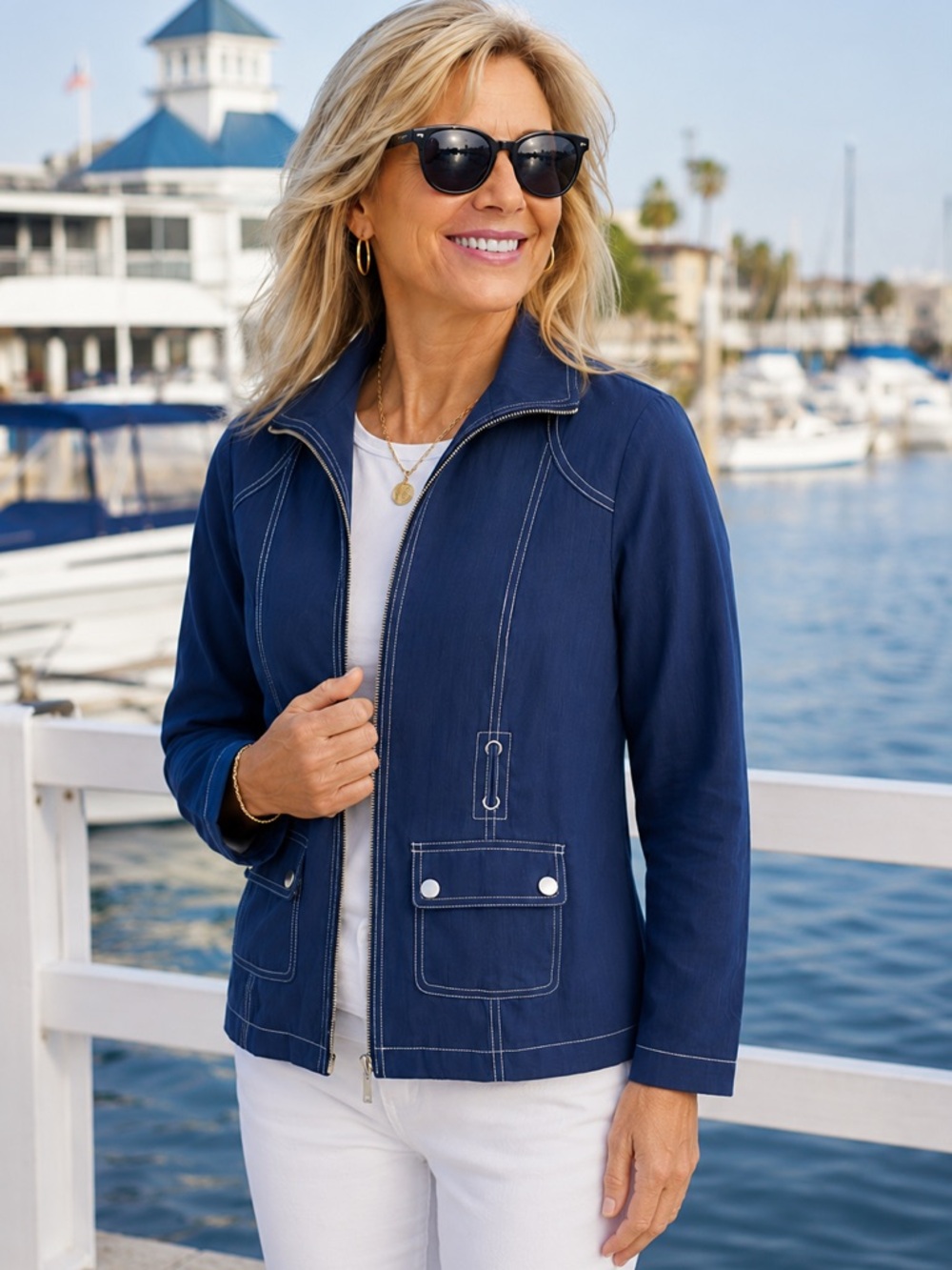 Monterey Bay Clothing Company Navy Zip Front Jacket Petite Small Contrast Stitch
